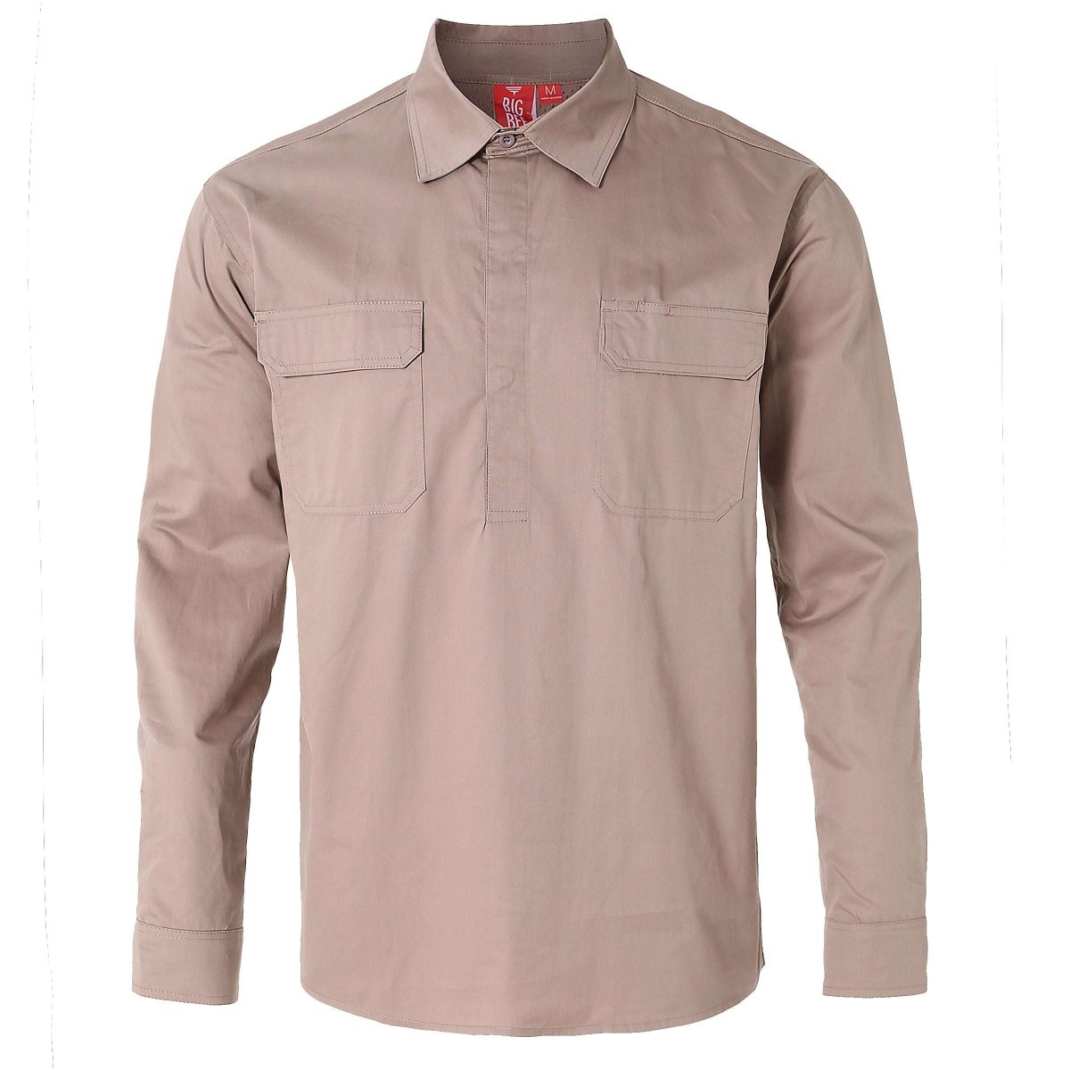 Closed Front Lightweight Cotton Work shirt in khaki, Long Sleeve, front – Big Bee Workwear