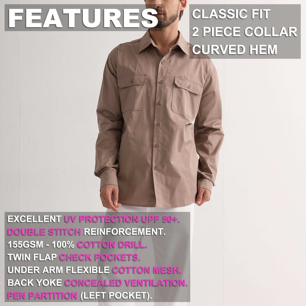Men’s Lightweight Cotton Work shirt, Long Sleeve, key features – Big Bee Workwear