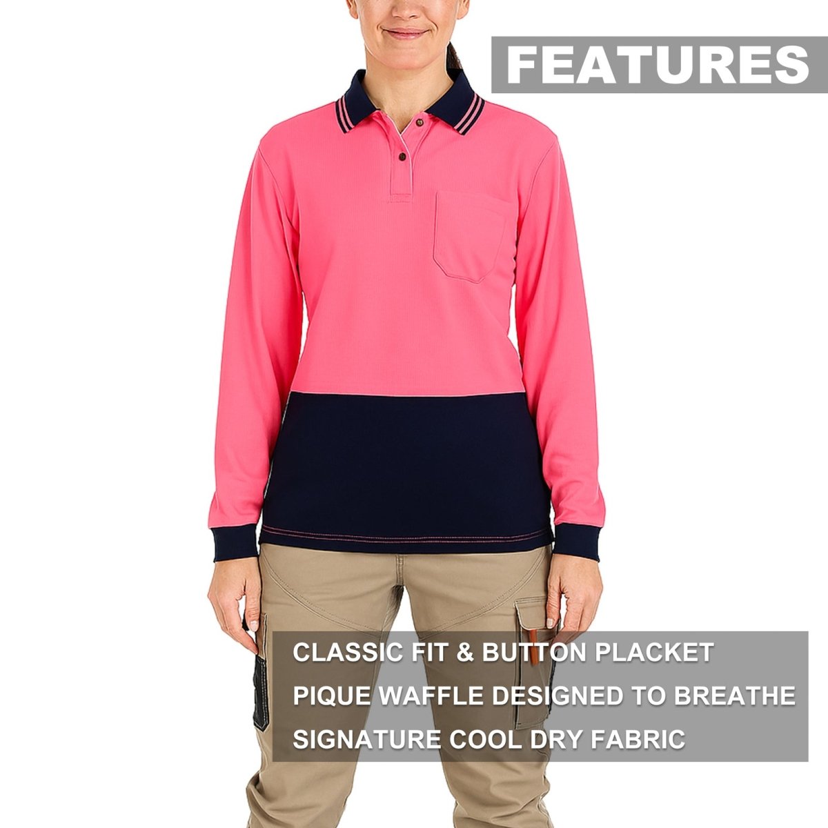 Ladies’ Hi-Vis Long Sleeve polo shirt key features – Big Bee Workwear