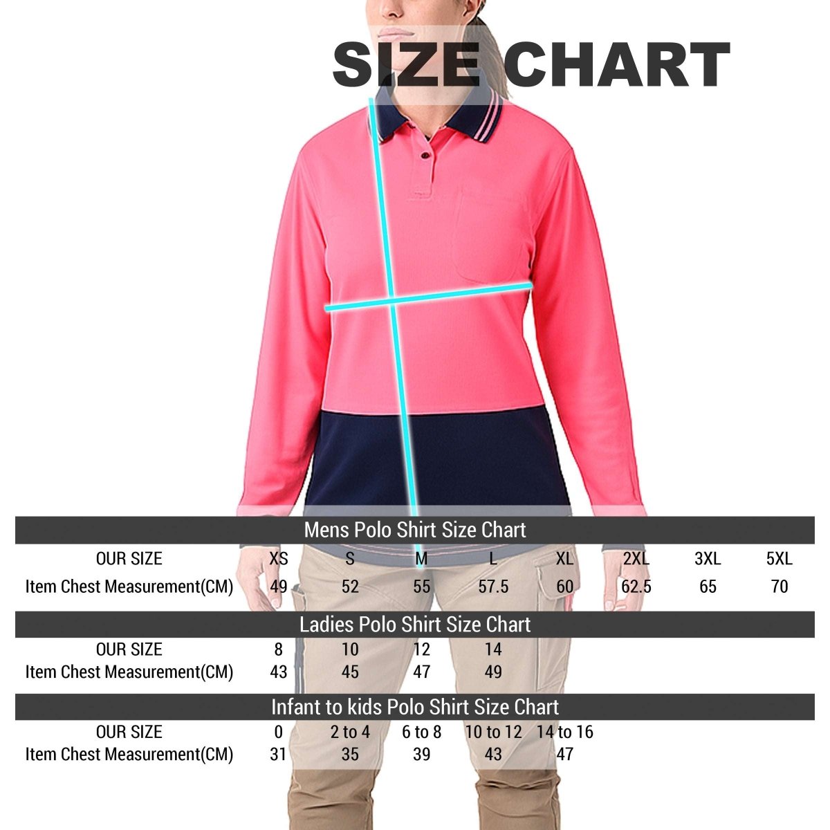 Ladies’ Hi-Vis Long Sleeve polo shirt size chart – Big Bee Workwear