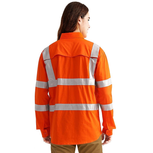 Women’s Hi Vis Work shirt in orange reflective H back, Long Sleeve, model back – Big Bee Workwear