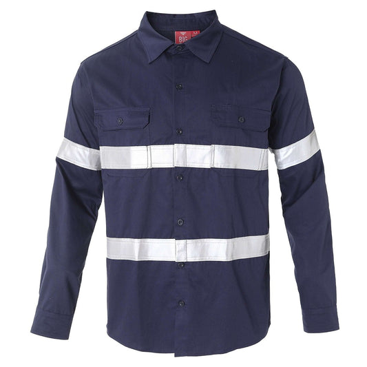 "Women’s Lightweight Cotton Work shirt in navy reflective tape, Long Sleeve, front – Big Bee Workwear"