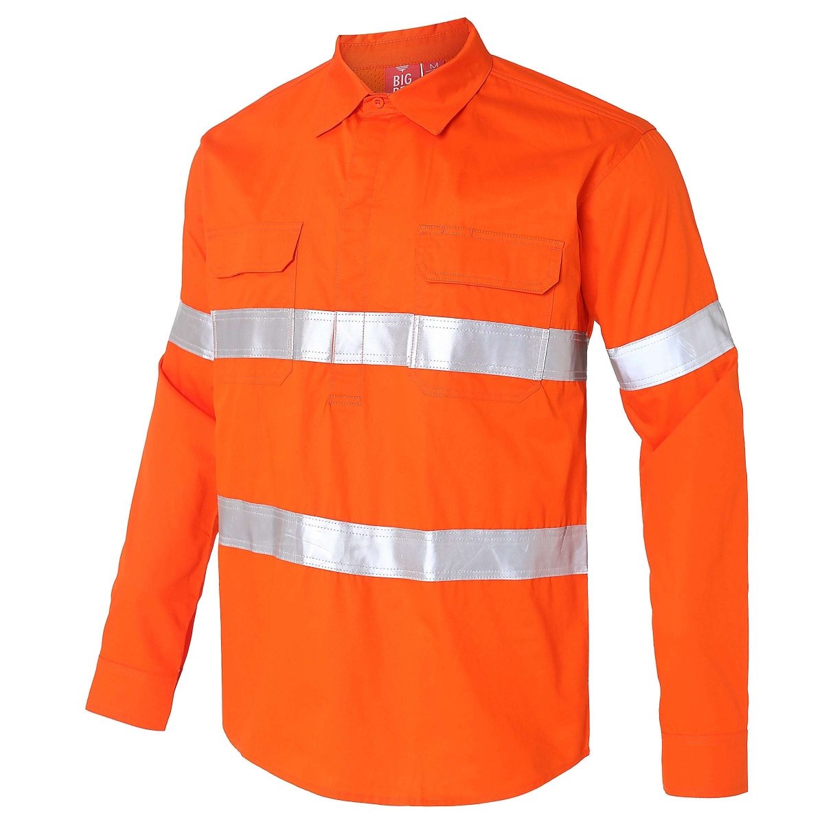 Closed Front Lightweight Cotton Work shirt in orange reflective tape, Long Sleeve, side – Big Bee Workwear