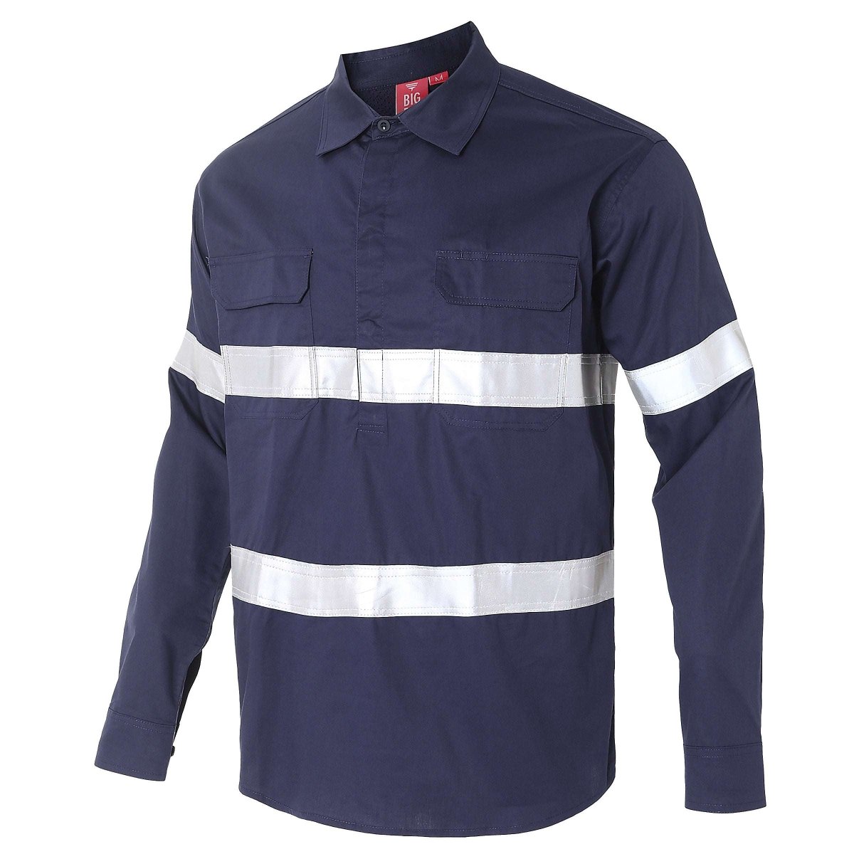 Closed Front Lightweight Cotton Work shirt in navy reflective tape, Long Sleeve, side – Big Bee Workwear