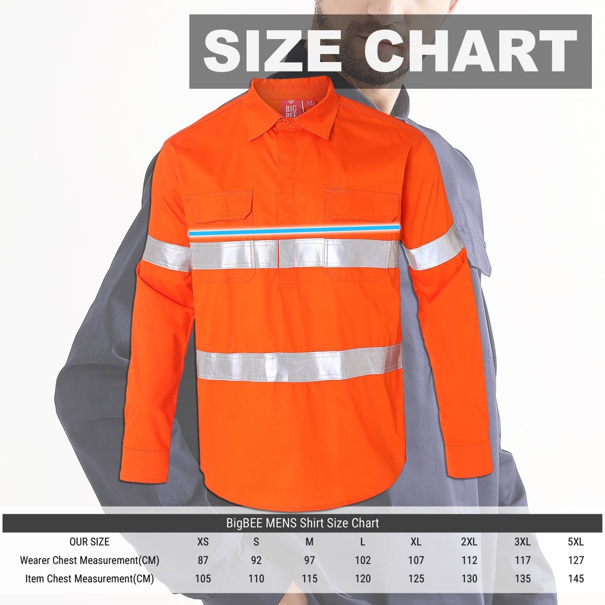 Closed Front Lightweight Cotton Work shirt, Reflective Long Sleeve, size chart – Big Bee Workwear