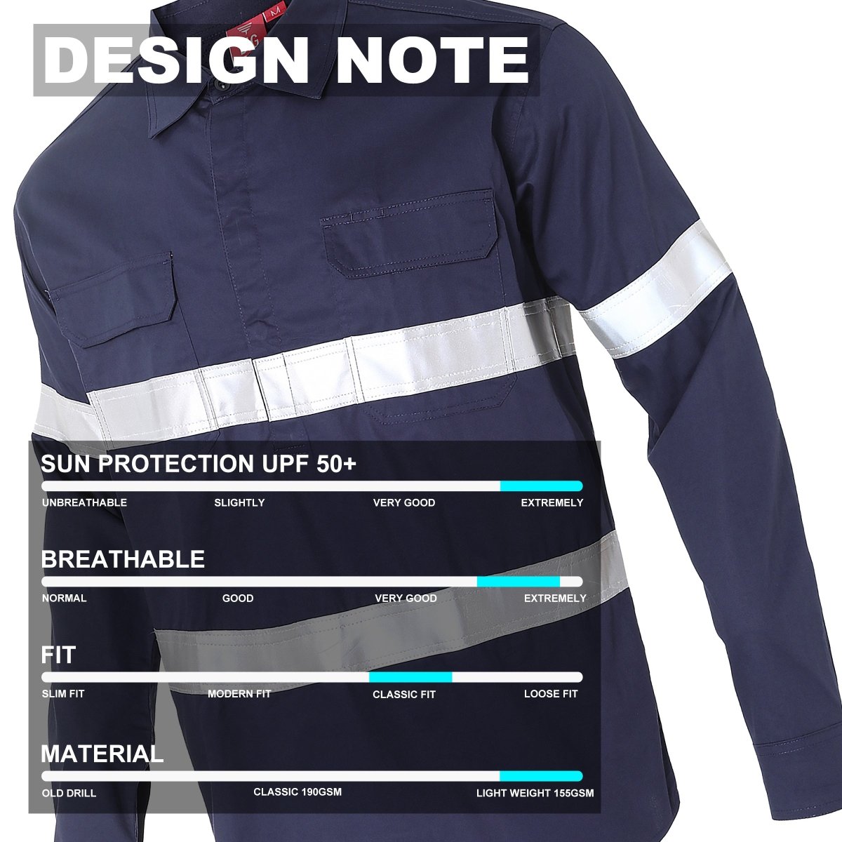 Closed Front Lightweight Cotton Work Hi-Vis Work Shirt with Reflective Tape, Long Sleeve, design notes – Big Bee Workwear