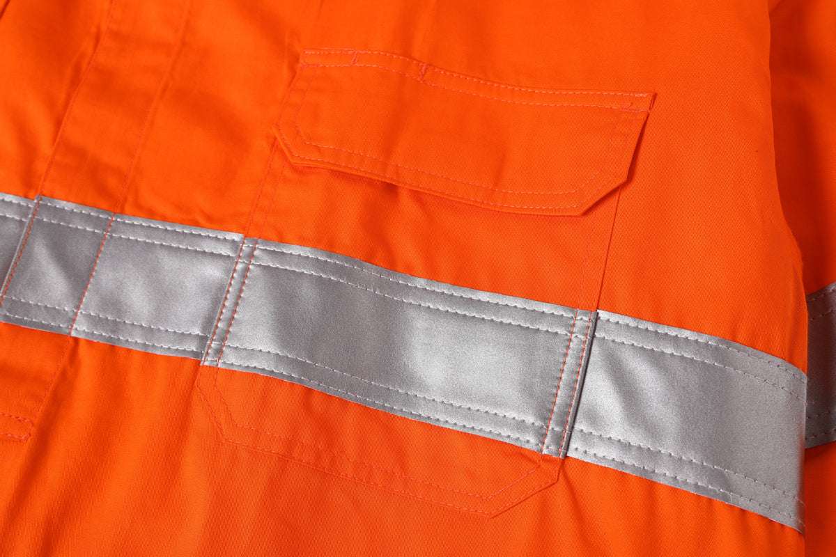 Closed Front Lightweight Cotton Work shirt, Long Sleeve, reflective tape detail close-up – Big Bee Workwear