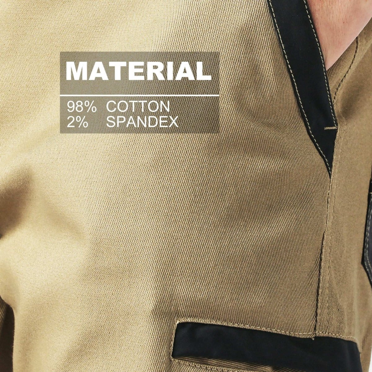 street work pants fabric close-up with info – Big Bee Workwear