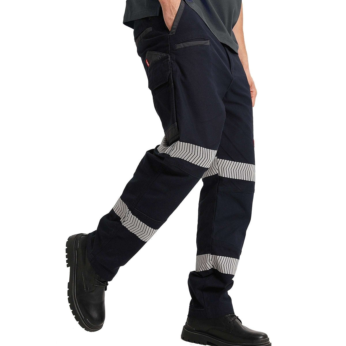 brumby work pants in navy reflective tape, model side – Big Bee Workwear