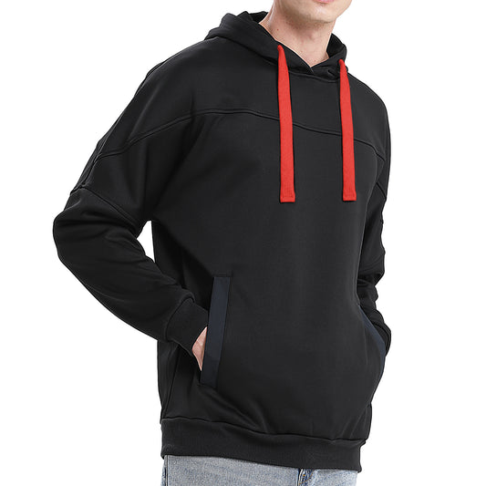 Drawstring Hoodie Jumper Fleece Sweatshirts Plain Black with Contrast drawstring