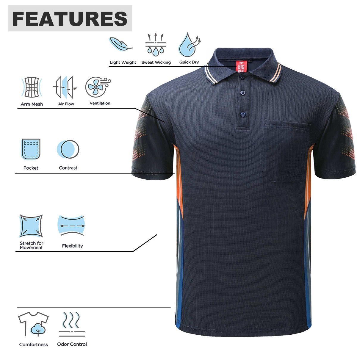 Men’s TECH polo shirt, Short Sleeve, key features – Big Bee Workwear