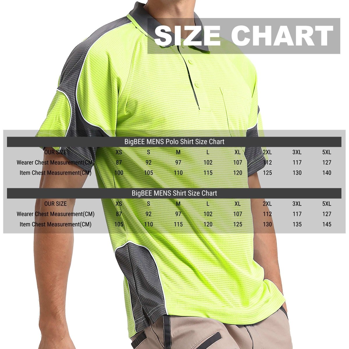Hi-Vis Short Sleeve Panel polo shirt size chart – Big Bee Workwear
