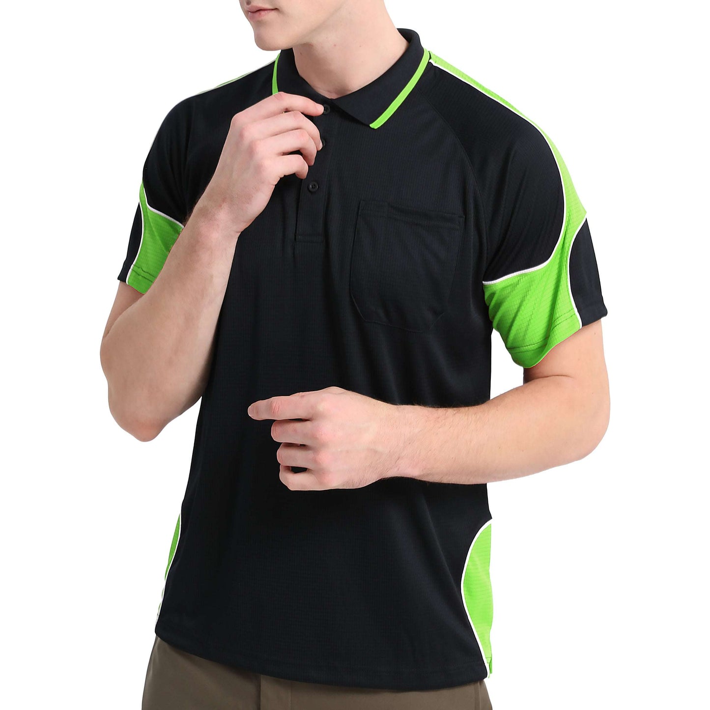 Men’s Short Sleeve Panel polo shirt in Black with Lime Green, model in action – Big Bee Workwear