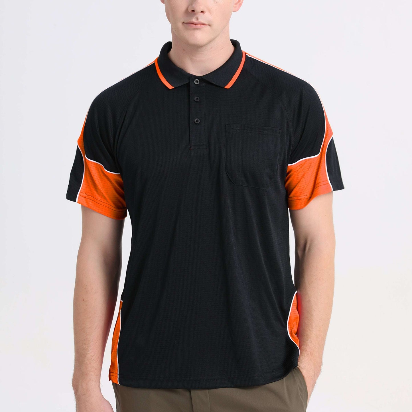 Men’s Short Sleeve Panel polo shirt in Black with orange, model front – Big Bee Workwear