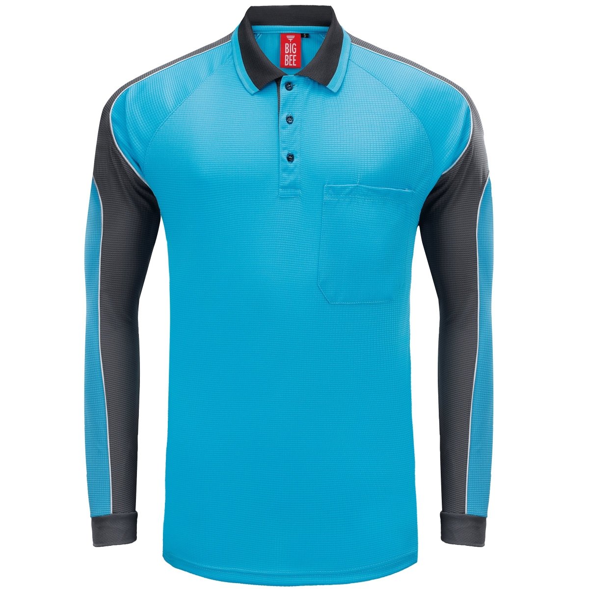 Men’s Panel Long Sleeve polo shirt in Aqua Blue with Grey Charcoal, front – Big Bee Workwear