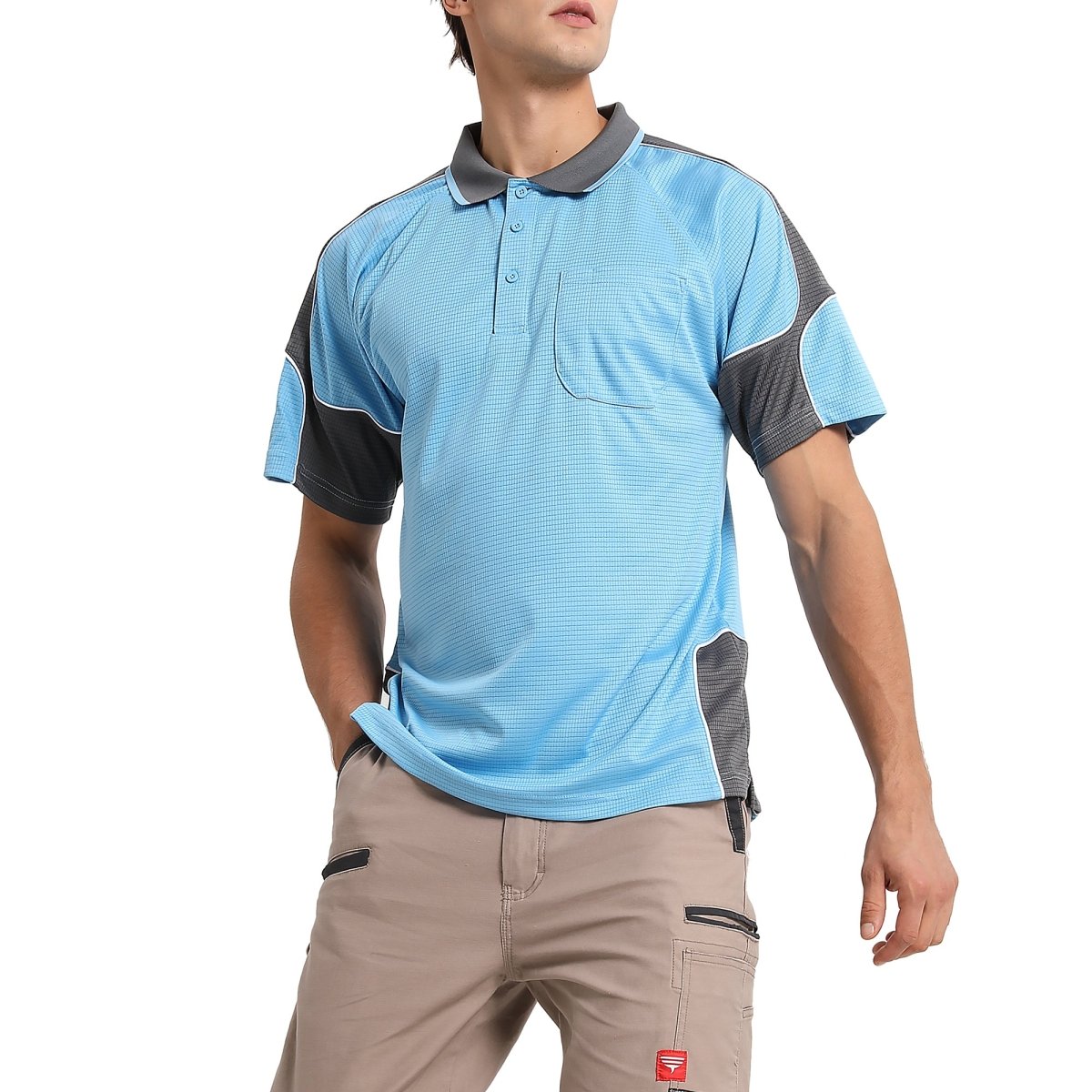 Men’s Short Sleeve Panel polo shirt in Aqua Blue with Grey Charcoal, model front – Big Bee Workwear
