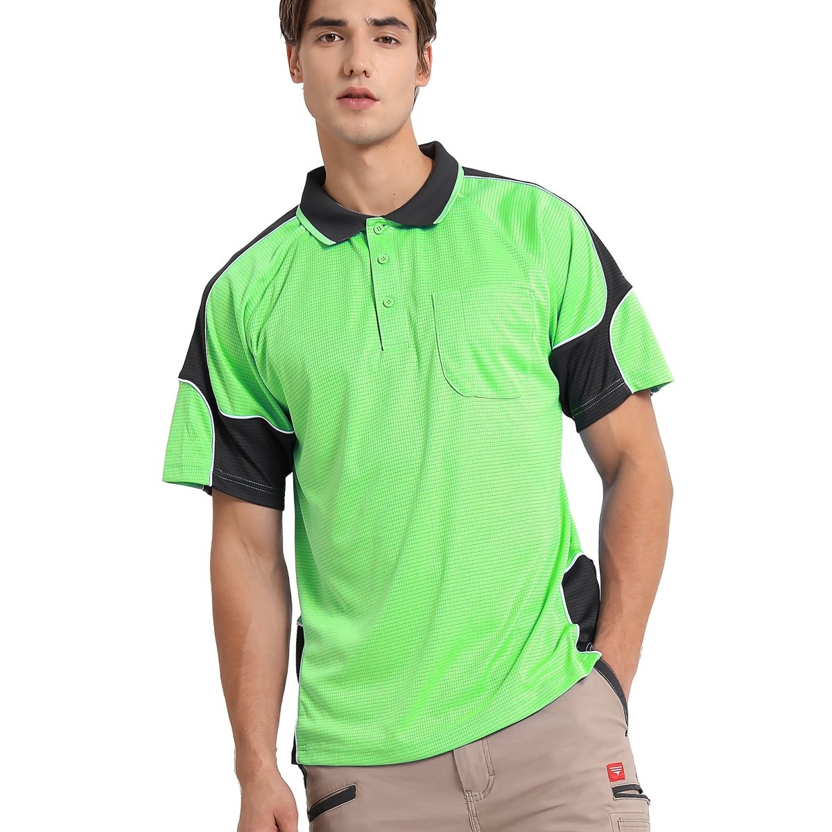 Men’s Short Sleeve Panel polo shirt in Lime Green with black, model front – Big Bee Workwear