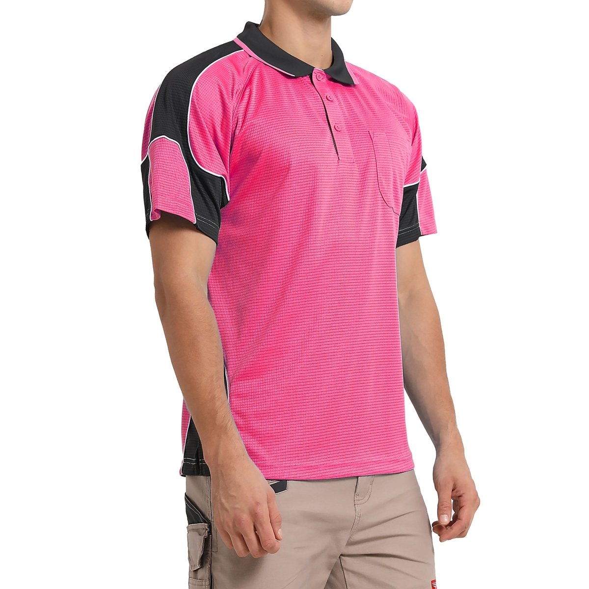 Men’s Short Sleeve Panel polo shirt in pink with black, model side – Big Bee Workwear