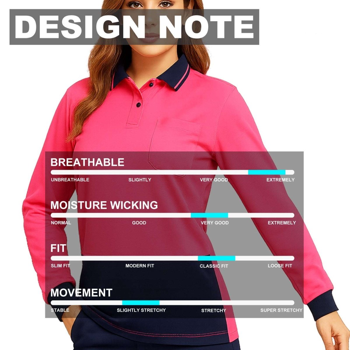 Ladies’ Hi-Vis Long Sleeve polo shirt design notes – Big Bee Workwear