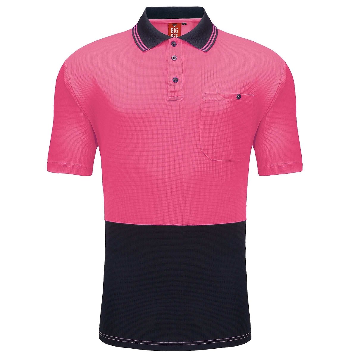 Hi-Vis Short Sleeve Work polo shirt in pink navy, front – Big Bee Workwear