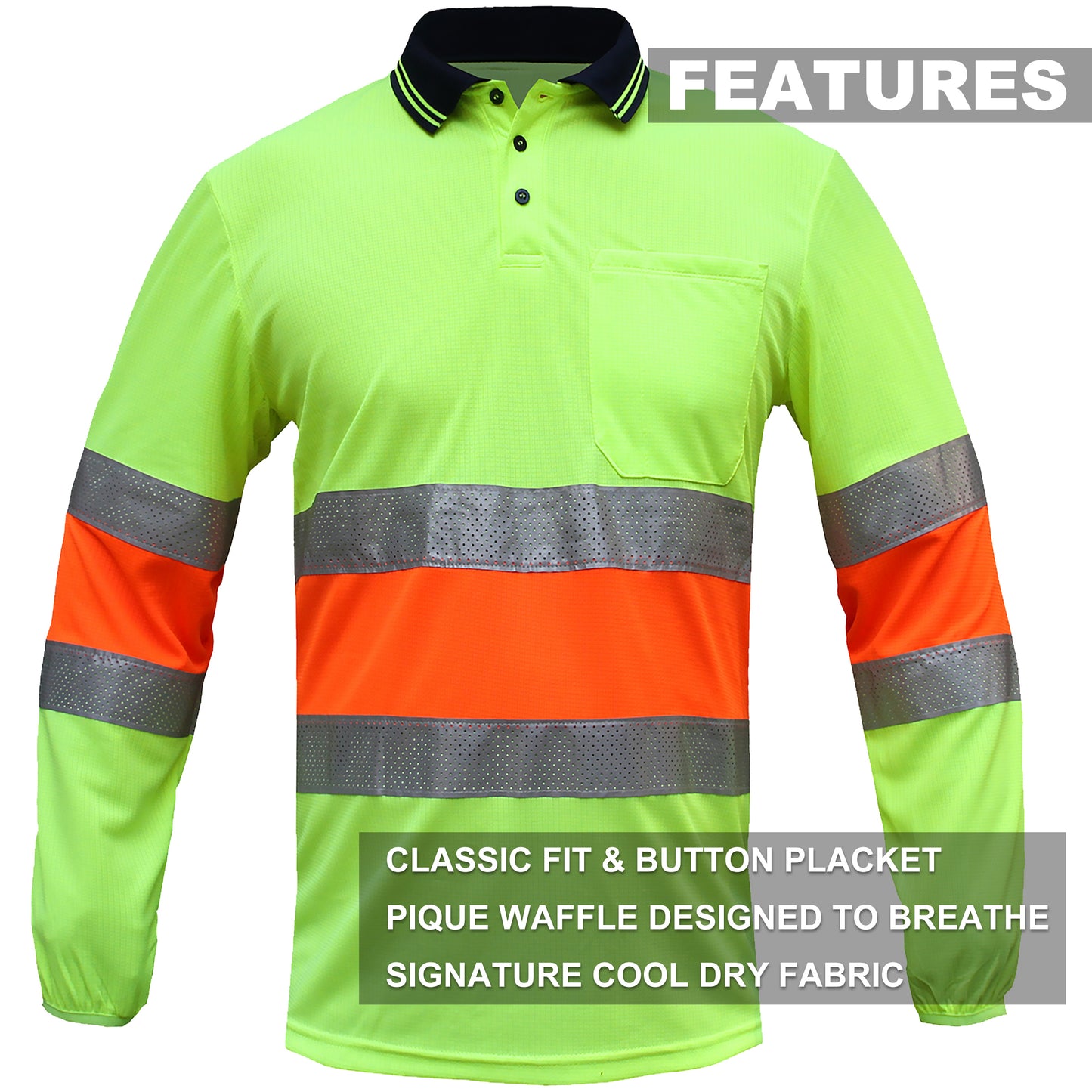 Hi Vis Long Sleeve Polo Shirt – Bio-Motion Breathable Reflective Tape, UPF 50+ Day Use | Big Bee Workwear