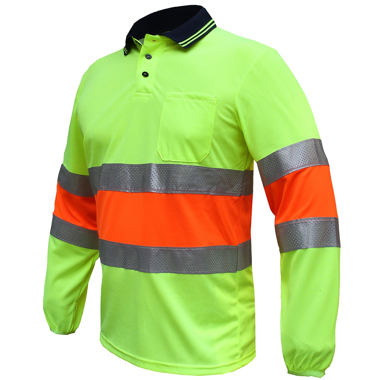Hi Vis Long Sleeve Polo Shirt – Bio-Motion Breathable Reflective Tape, UPF 50+ Day Use | Big Bee Workwear