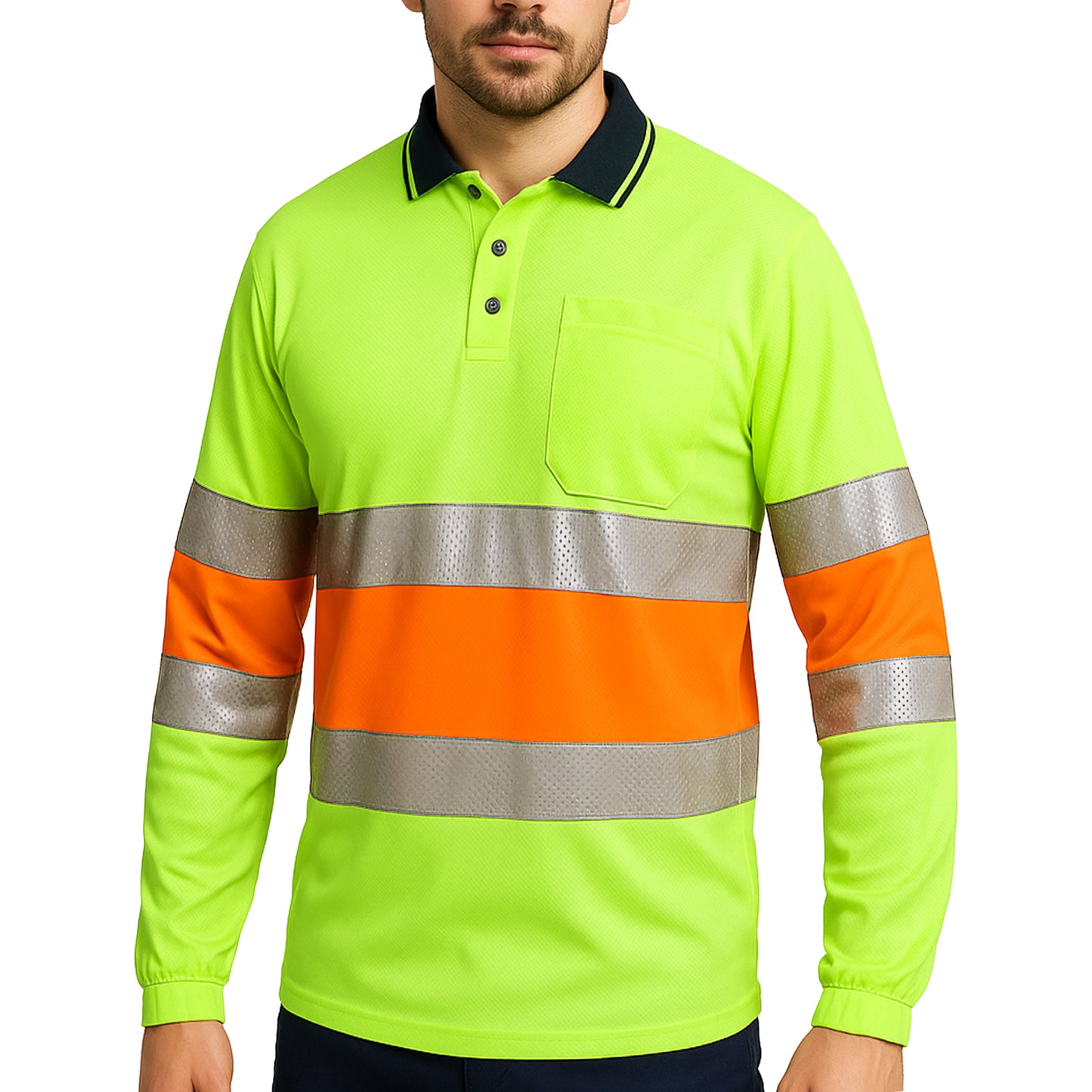 Hi Vis Long Sleeve Polo Shirt – Bio-Motion Breathable Reflective Tape, UPF 50+ Day Use | Big Bee Workwear