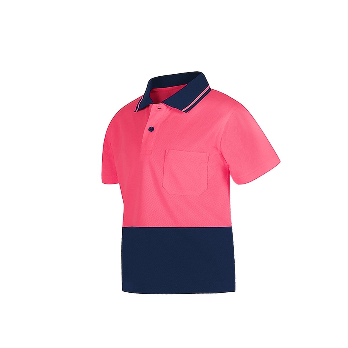 Kids’ Hi-Vis Short Sleeve polo shirt in pink navy, front – Big Bee Workwear