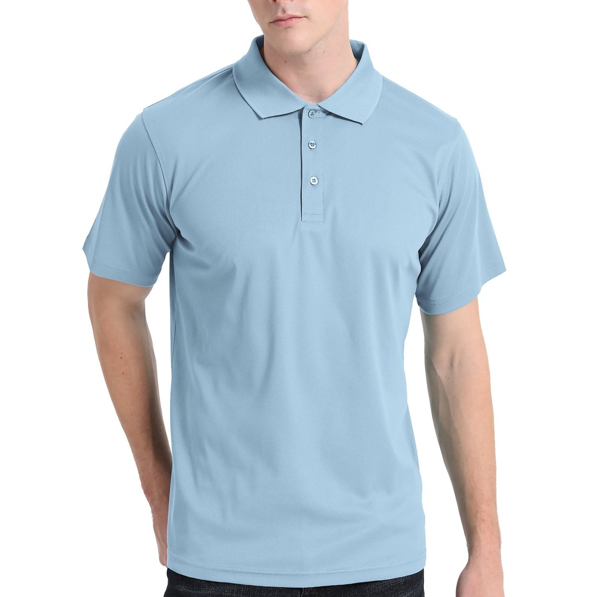 Men’s Plain polo shirt in sky blue, Short Sleeve, model front – Big Bee Workwear