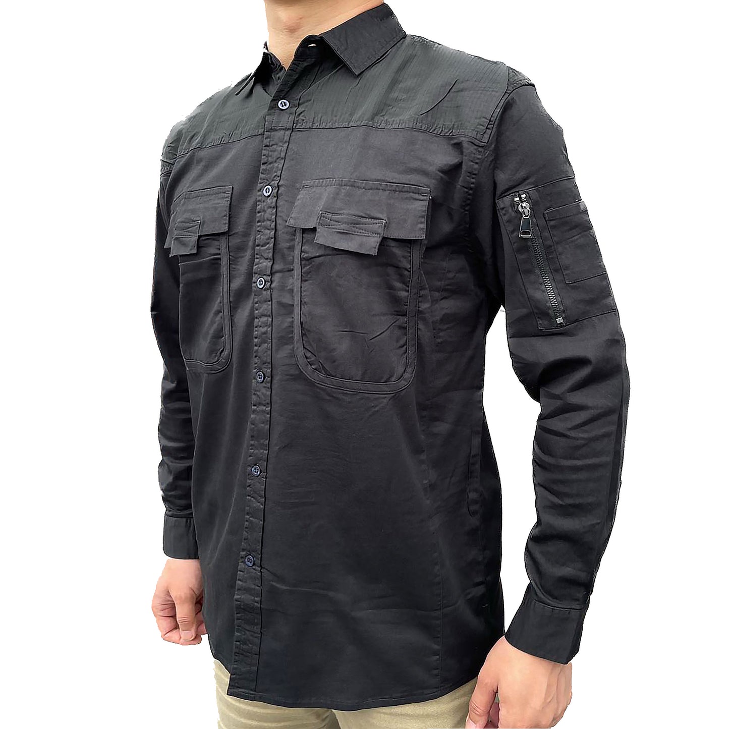Men’s Stretch Cotton Work shirt in black, Long Sleeve, model front – Big Bee Workwear