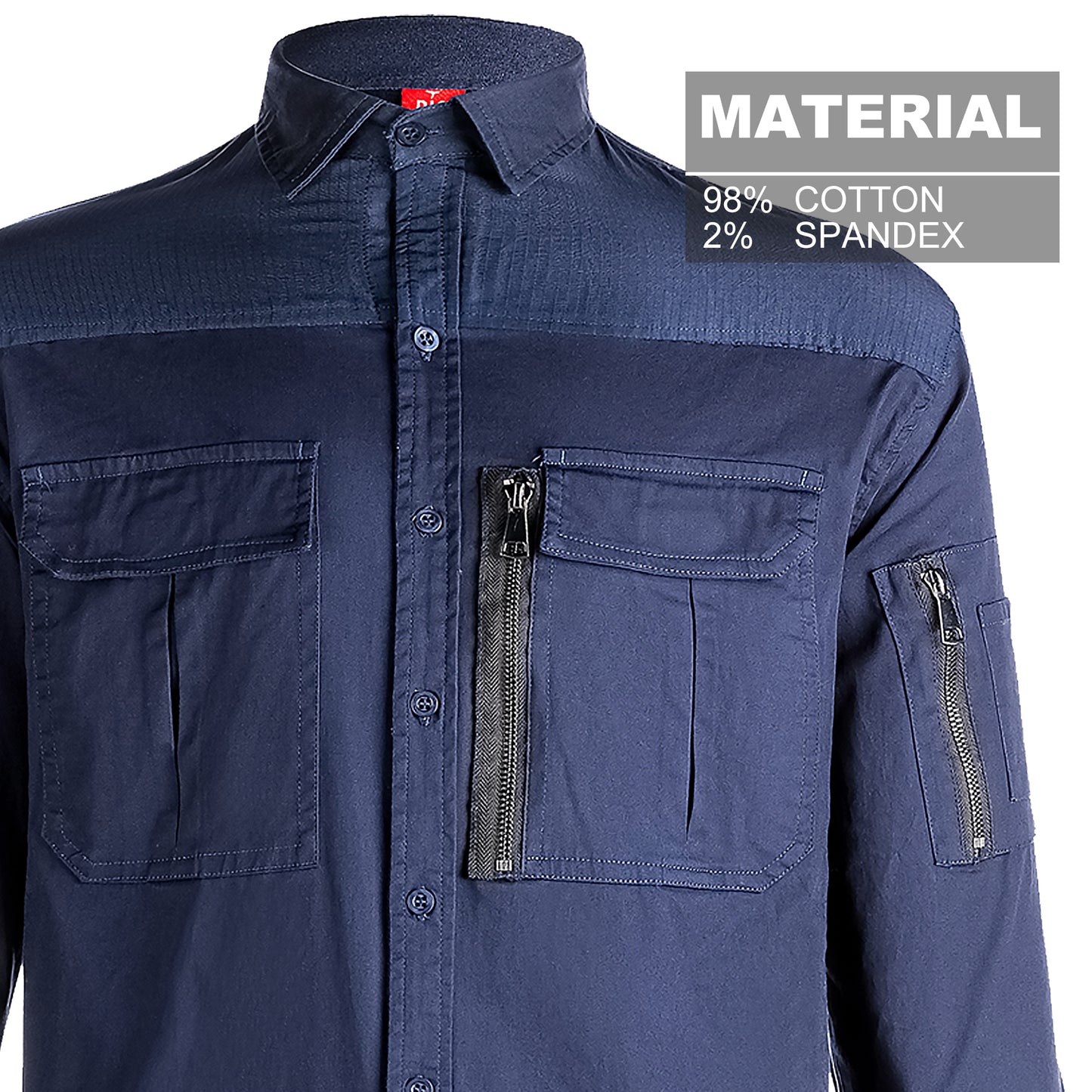 ZIP Stretch Cotton Work shirt, Long Sleeve, fabric close-up with info – Big Bee Workwear