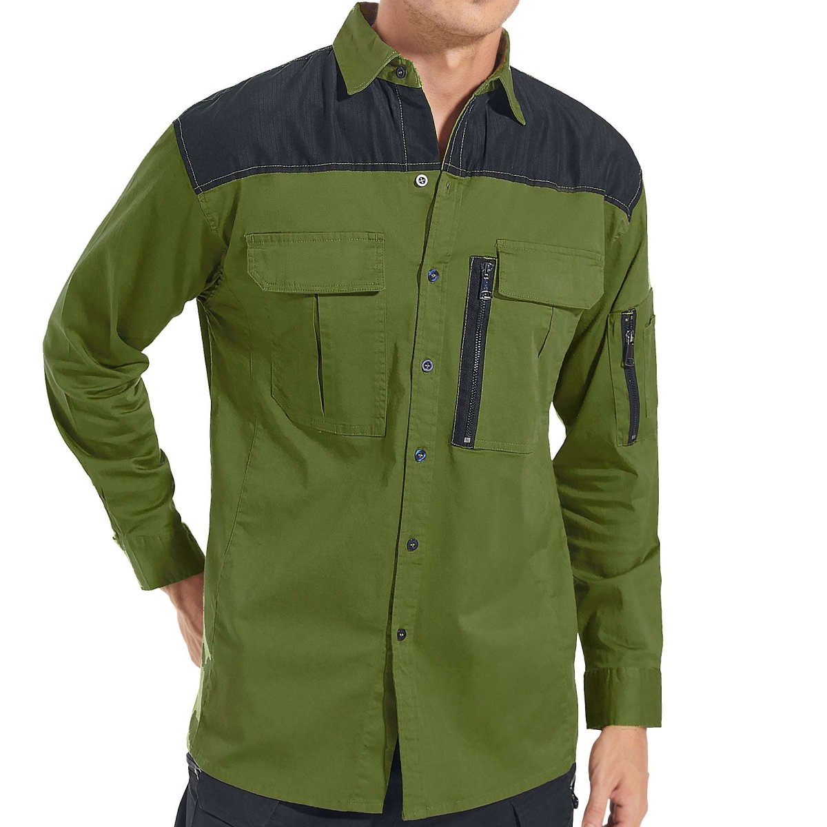 ZIP Stretch Cotton Work shirt in Olive Green, Long Sleeve, model front – Big Bee Workwear