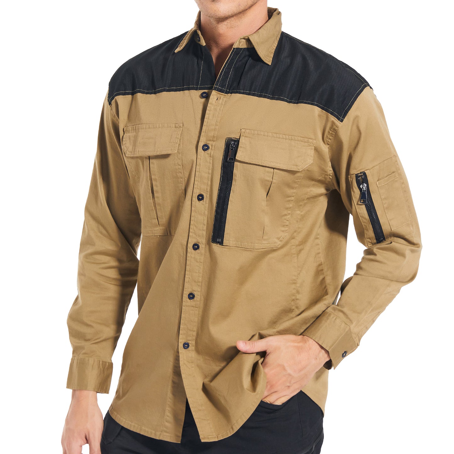 ZIP Stretch Cotton Work shirt in khaki, Long Sleeve, model in action – Big Bee Workwear