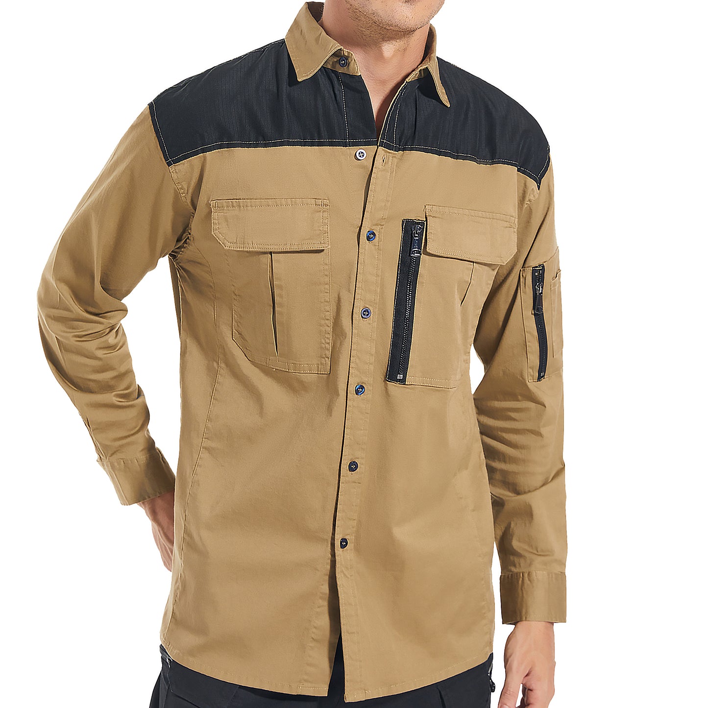 ZIP Stretch Cotton Work shirt in khaki, Long Sleeve, model front – Big Bee Workwear