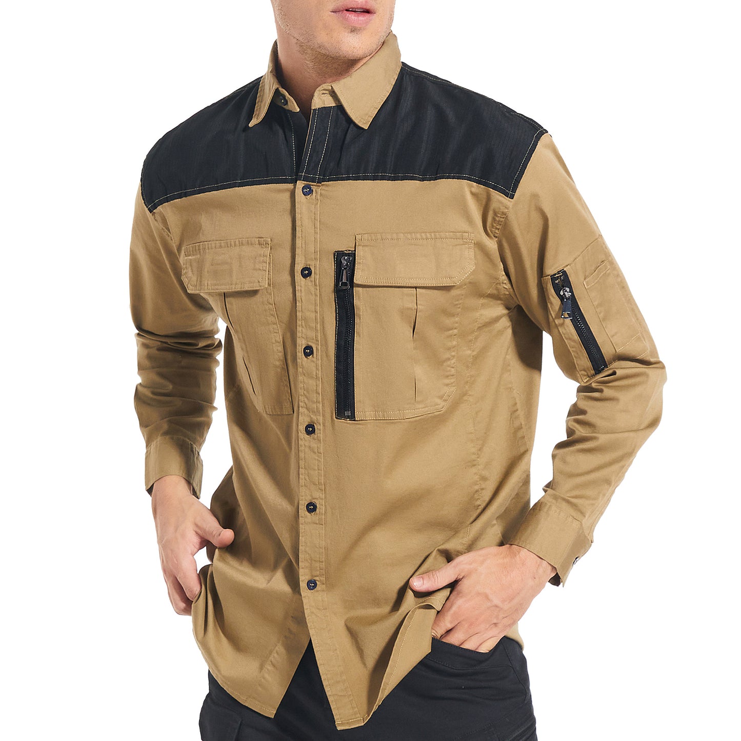 ZIP Stretch Cotton Work shirt in khaki, Long Sleeve, model posed – Big Bee Workwear