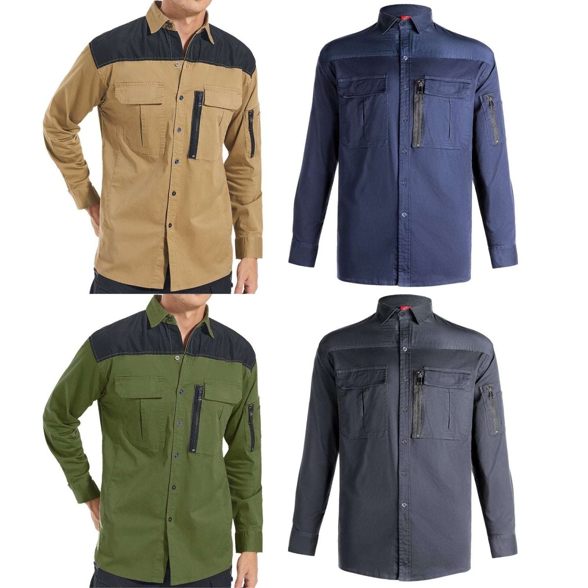 ZIP Stretch Cotton Work shirt, Long Sleeve, multi-colour options overview – Big Bee Workwear