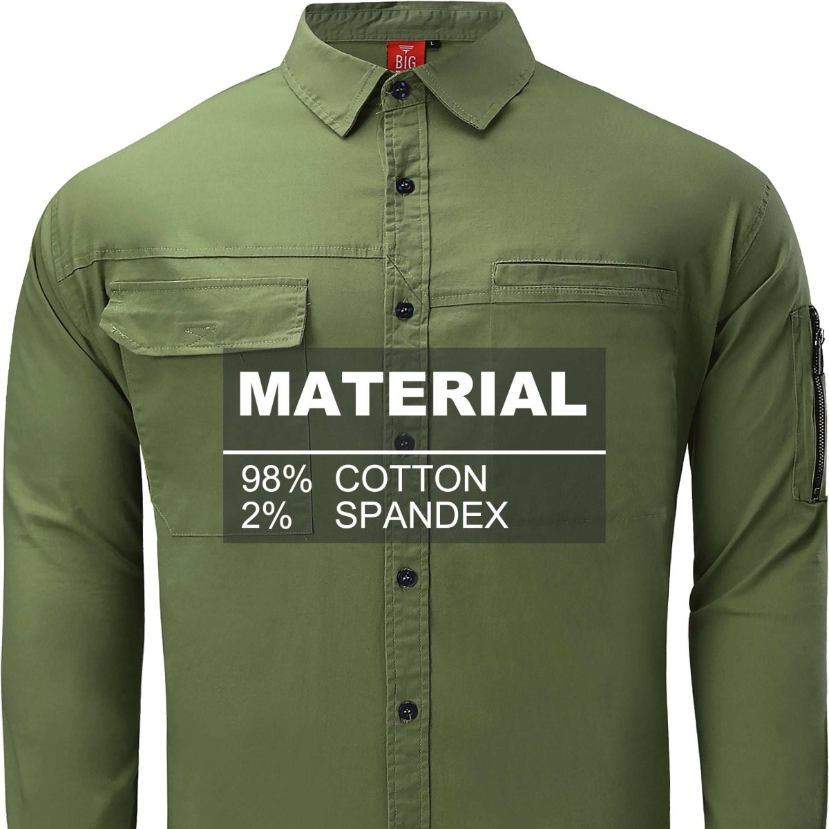PULSE Stretch Cotton Work shirt, Long Sleeve, fabric close-up with info – Big Bee Workwear