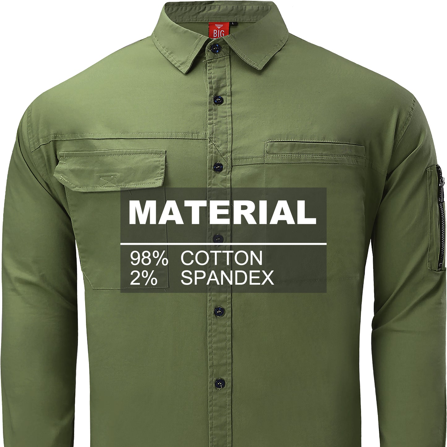 PULSE Stretch Cotton Work shirt, Long Sleeve, fabric close-up with info – Big Bee Workwear