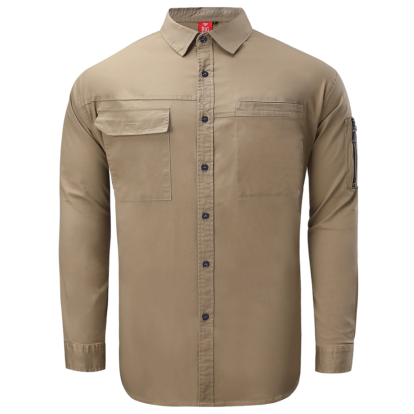 PULSE Stretch Cotton Work shirt in khaki, Long Sleeve, front – Big Bee Workwear
