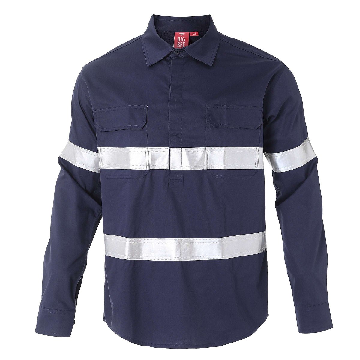 Closed Front Lightweight Cotton Work shirt in navy reflective tape, Long Sleeve, front – Big Bee Workwear