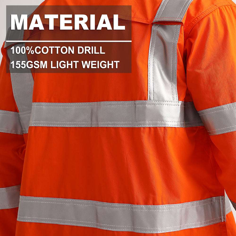 Women’s Hi Vis Work shirt in orange reflective H back, Long Sleeve, fabric close-up with info – Big Bee Workwear