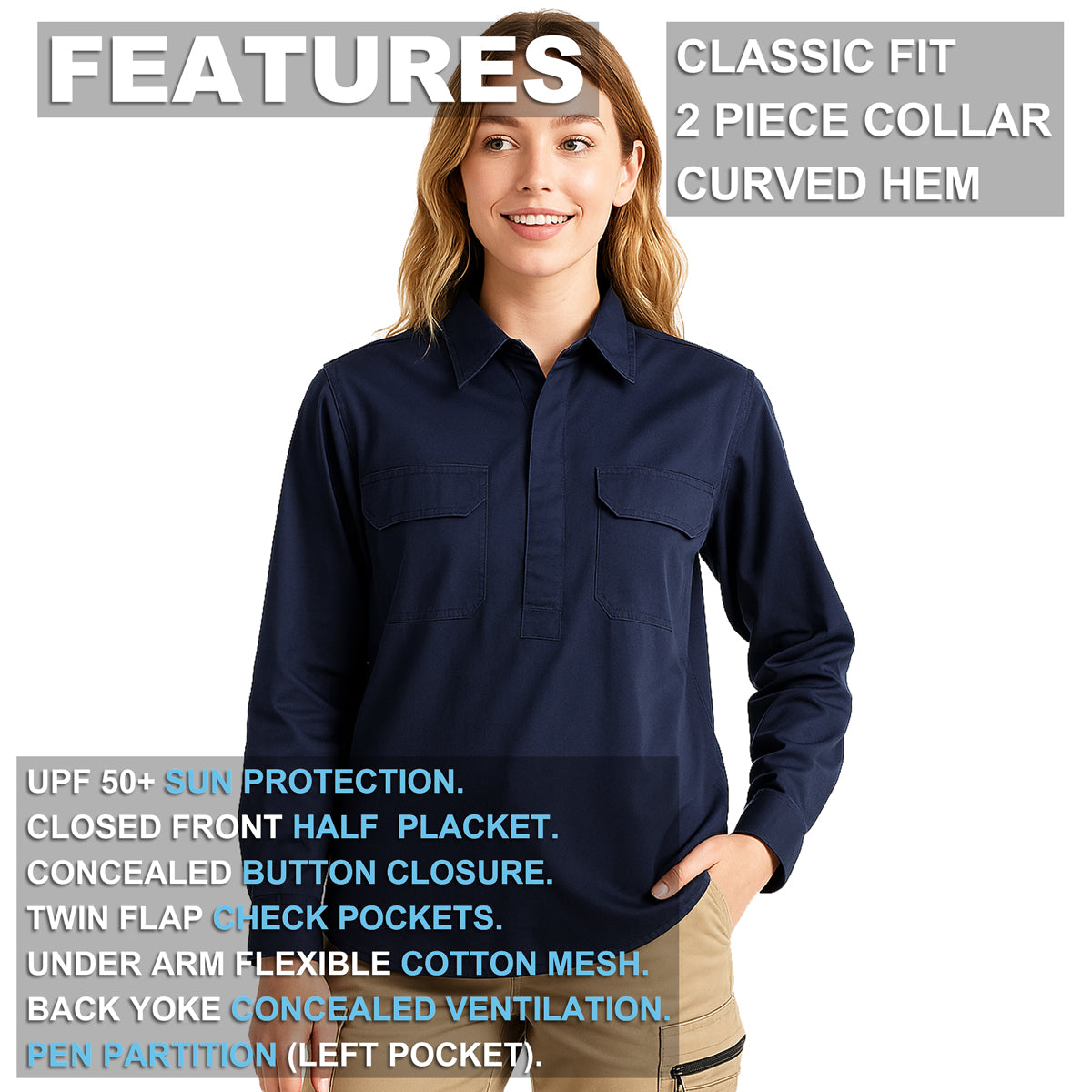 Big Bee Ladies Work Shirts CLOSED FRONT Lightweight Cotton