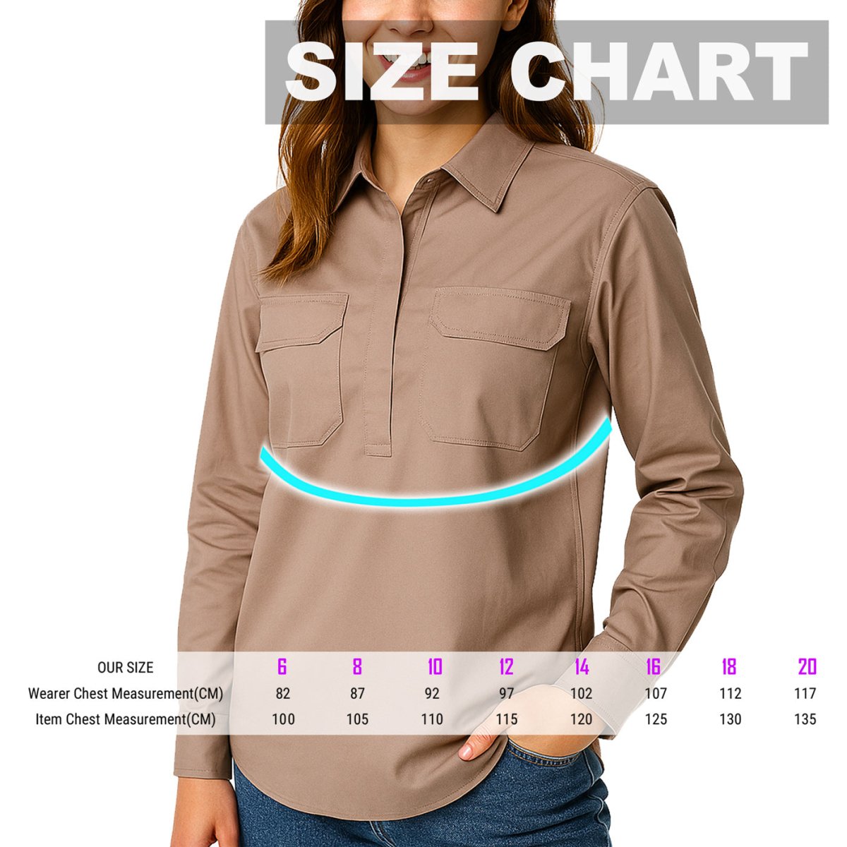 Women’s Closed Front Lightweight Cotton Work shirt, Long Sleeve, size chart – Big Bee Workwear