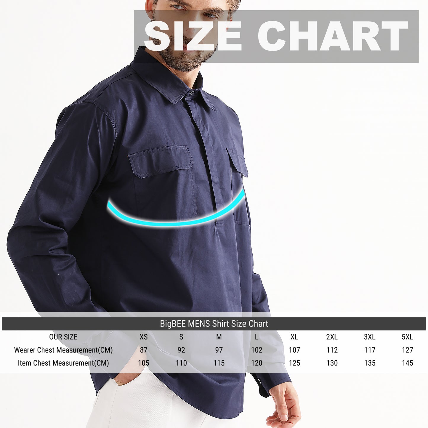Closed Front Lightweight Cotton Work shirt, Long Sleeve, size chart – Big Bee Workwear