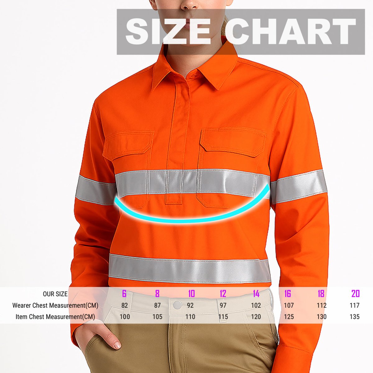 Women’s Closed Front Lightweight Cotton Work shirt, Reflective Long Sleeve, size chart – Big Bee Workwear