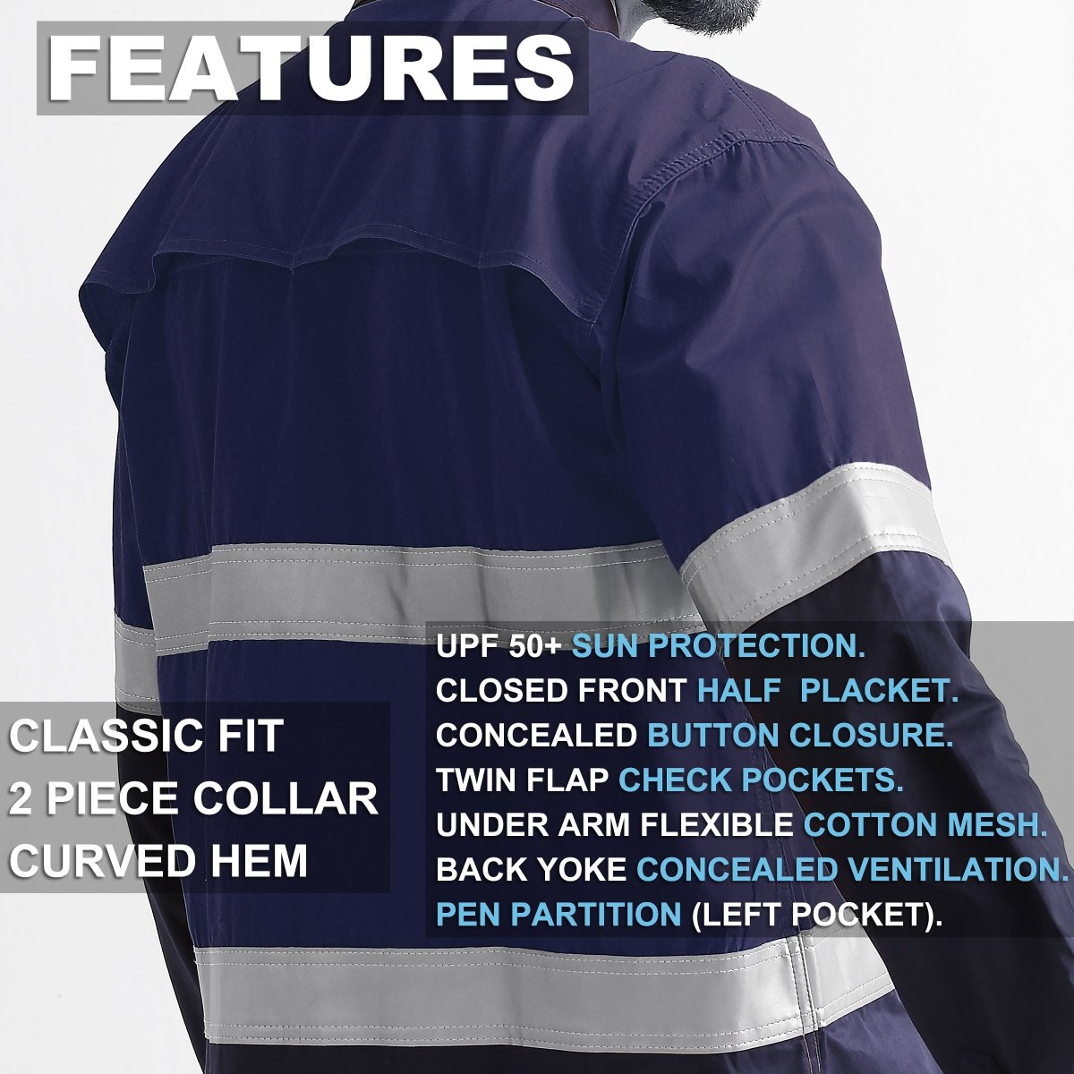 Closed Front Lightweight Cotton Work shirt, Reflective Long Sleeve, key features – Big Bee Workwear