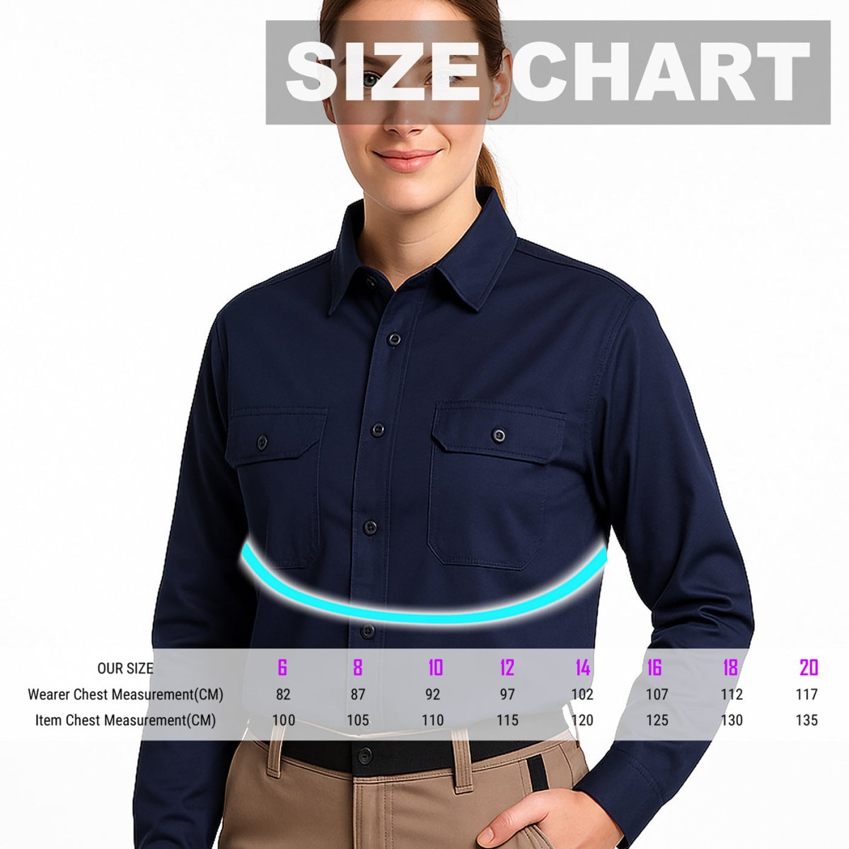 Women’s Lightweight Cotton Work shirt, Reflective Long Sleeve, size chart – Big Bee Workwear