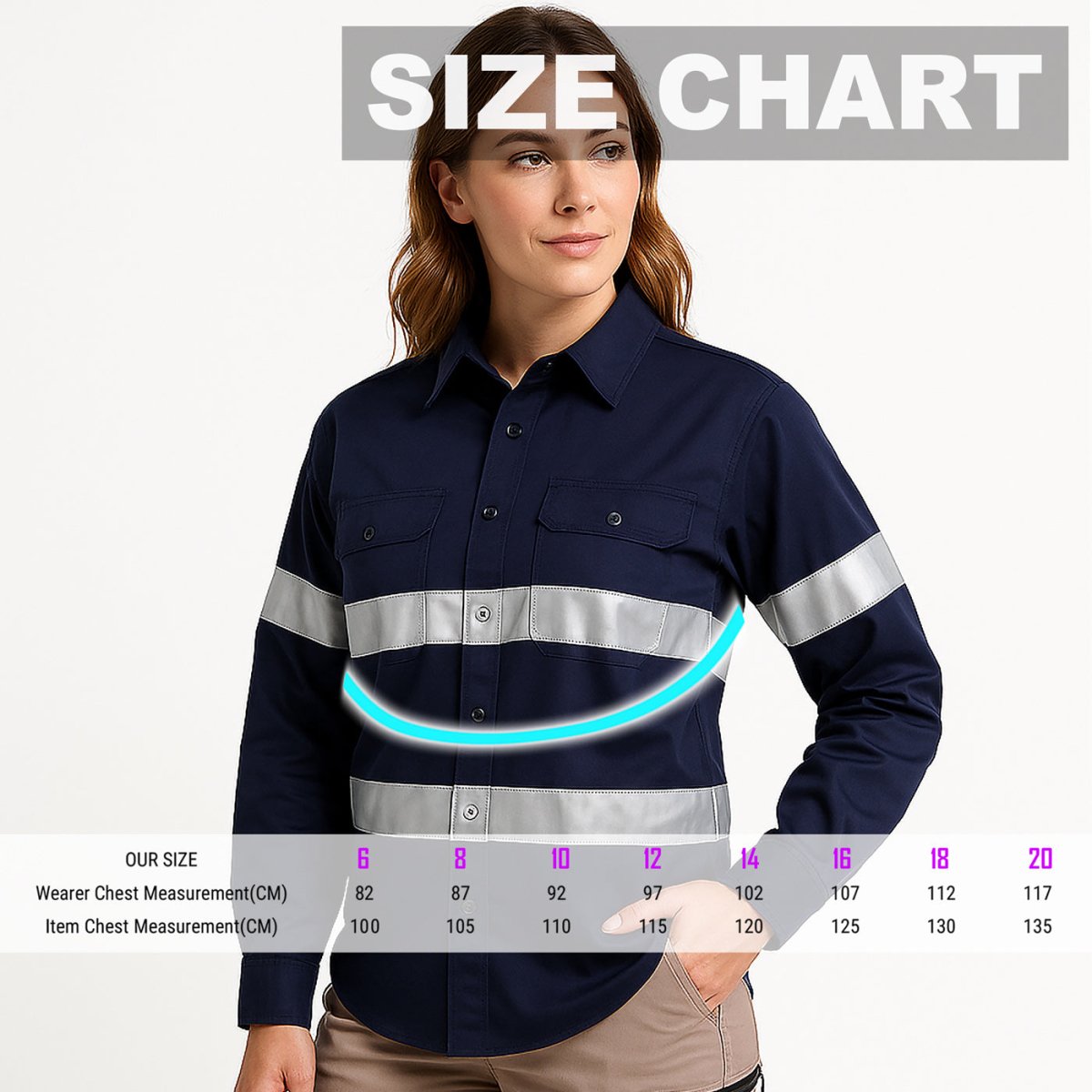 Women’s Lightweight Cotton Work shirt, Reflrctive Long Sleeve, size chart – Big Bee Workwear