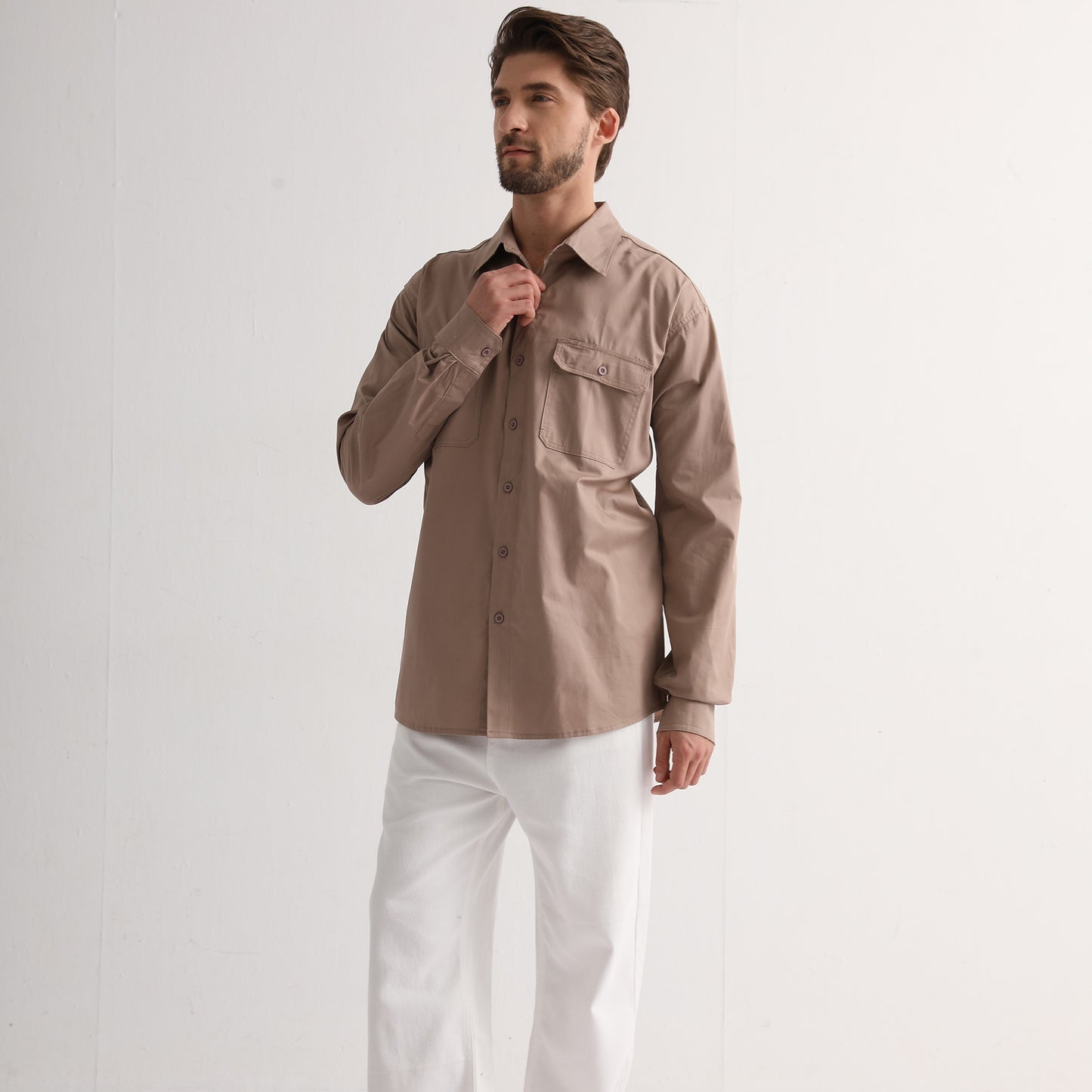 Men’s Lightweight Cotton Work shirt in khaki, Long Sleeve, model posed – Big Bee Workwear