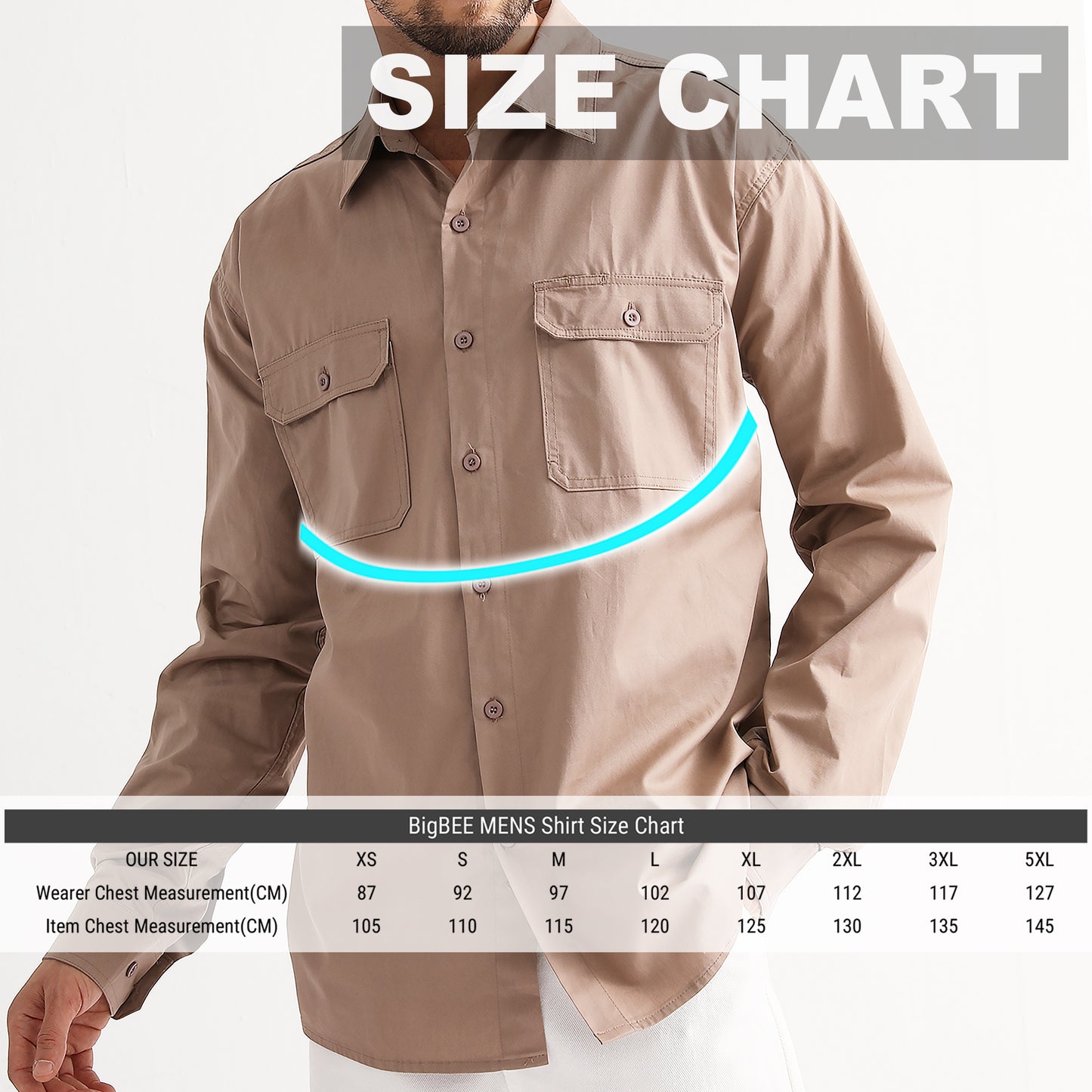 Men’s Lightweight Cotton Work shirt, Long Sleeve, size chart – Big Bee Workwear